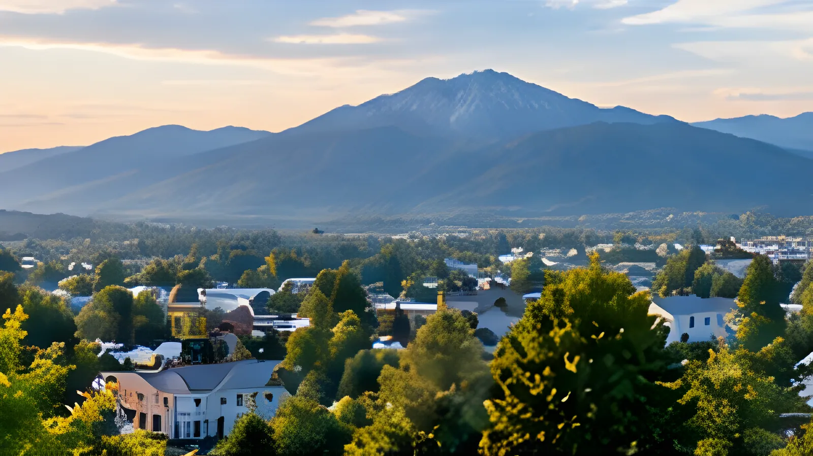 A small town among trees beneath a snow-capped mountain