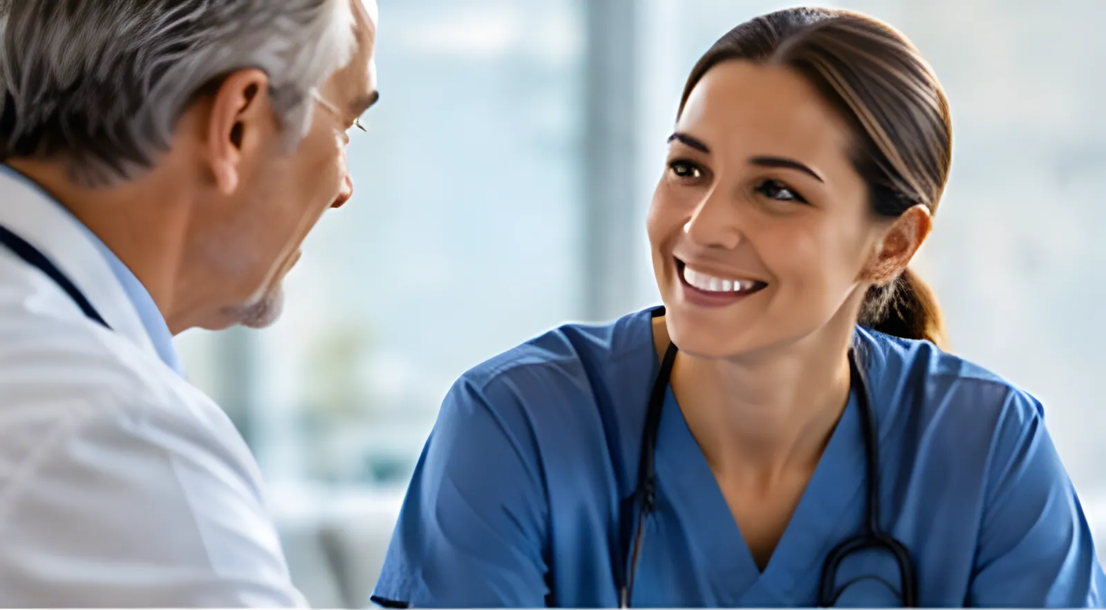 A nurse and a physician talking together